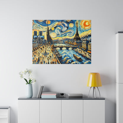 Colorful painting of Paris cityscape with the Seine, bridges, boats, and the Eiffel Tower under a swirling sky.