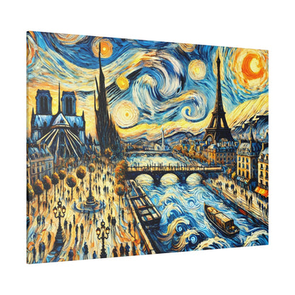 Vibrant Paris cityscape with the Eiffel Tower, bridges over the Seine, and a swirling, starry sky.