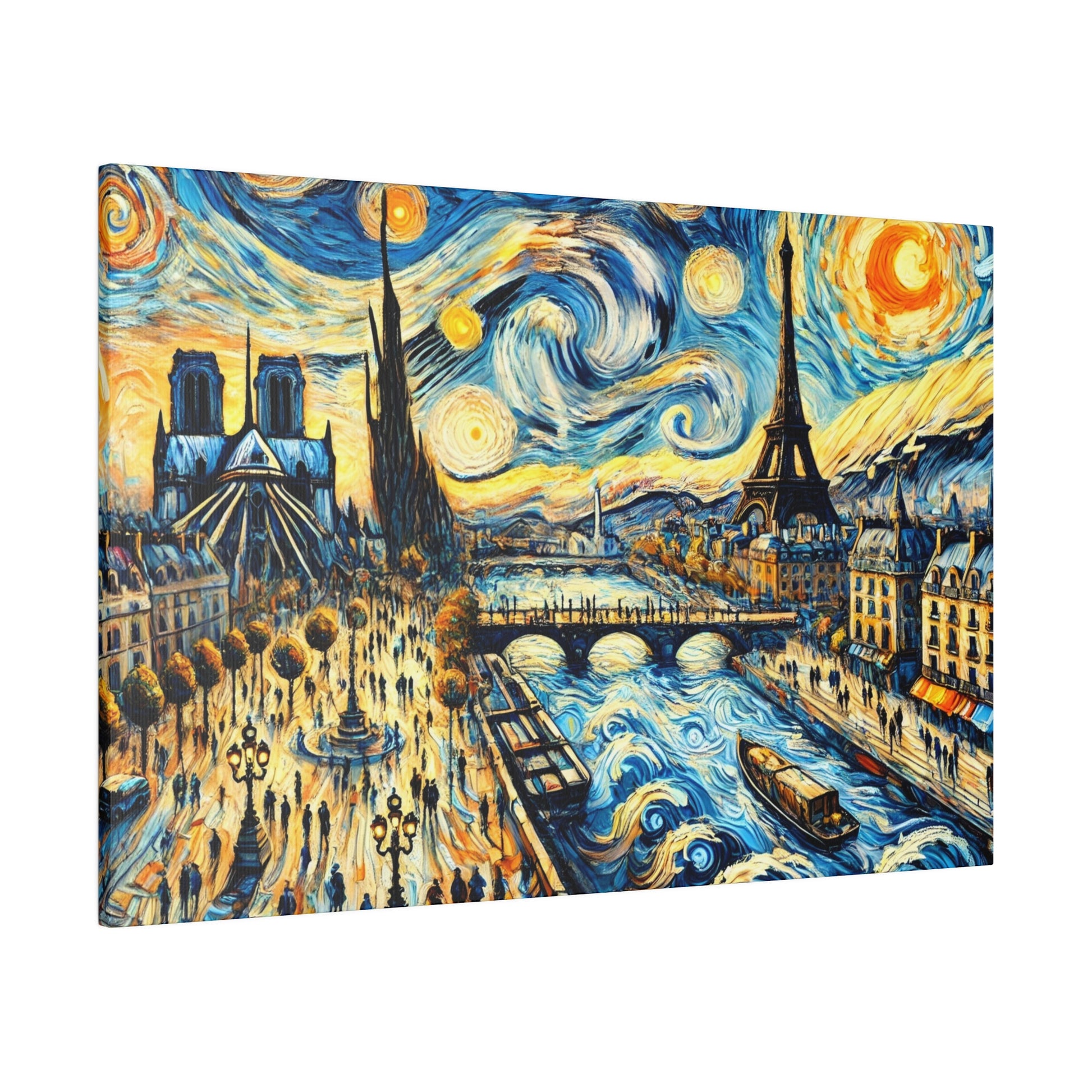 Paris cityscape at night with a river, bridge, boats, and the Eiffel Tower under a swirling star-filled sky.