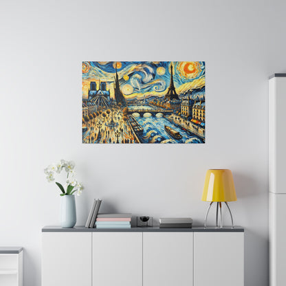 Colorful painting of a Paris river scene with swirling skies, hung above a white cabinet with a yellow lamp and vase.