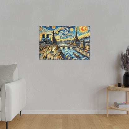 Colorful canvas painting of a Paris cityscape with the Seine and Eiffel Tower, filled with blue and yellow swirls.