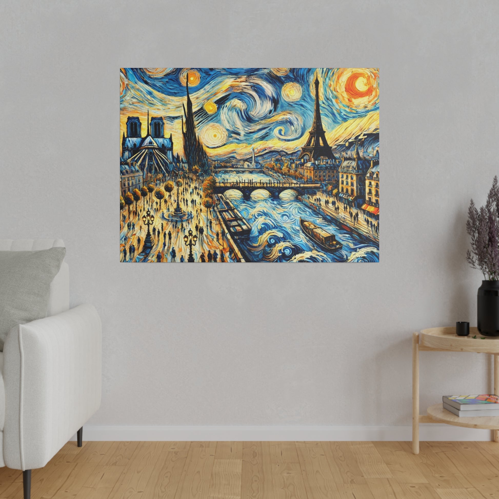 Square wall art showing a Paris river scene with the Eiffel Tower and Notre-Dame, in swirling blue and yellow strokes.