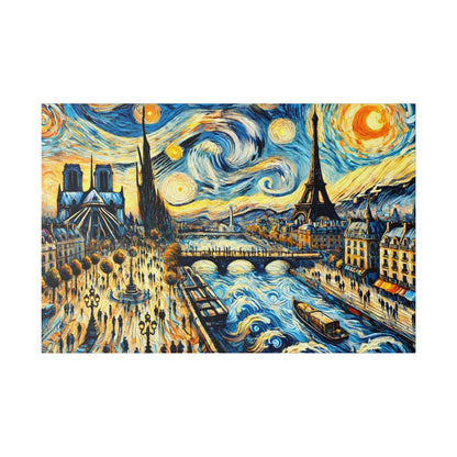 Colorful impressionist-style painting of Paris skyline with the Seine, bridges, boats, Notre-Dame, and the Eiffel Tower under a swirling