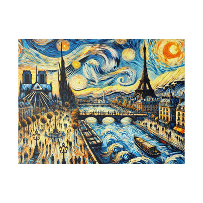 Colorful painting of Paris with the Eiffel Tower, Notre-Dame, a busy river Seine, boats, and a swirling sky.
