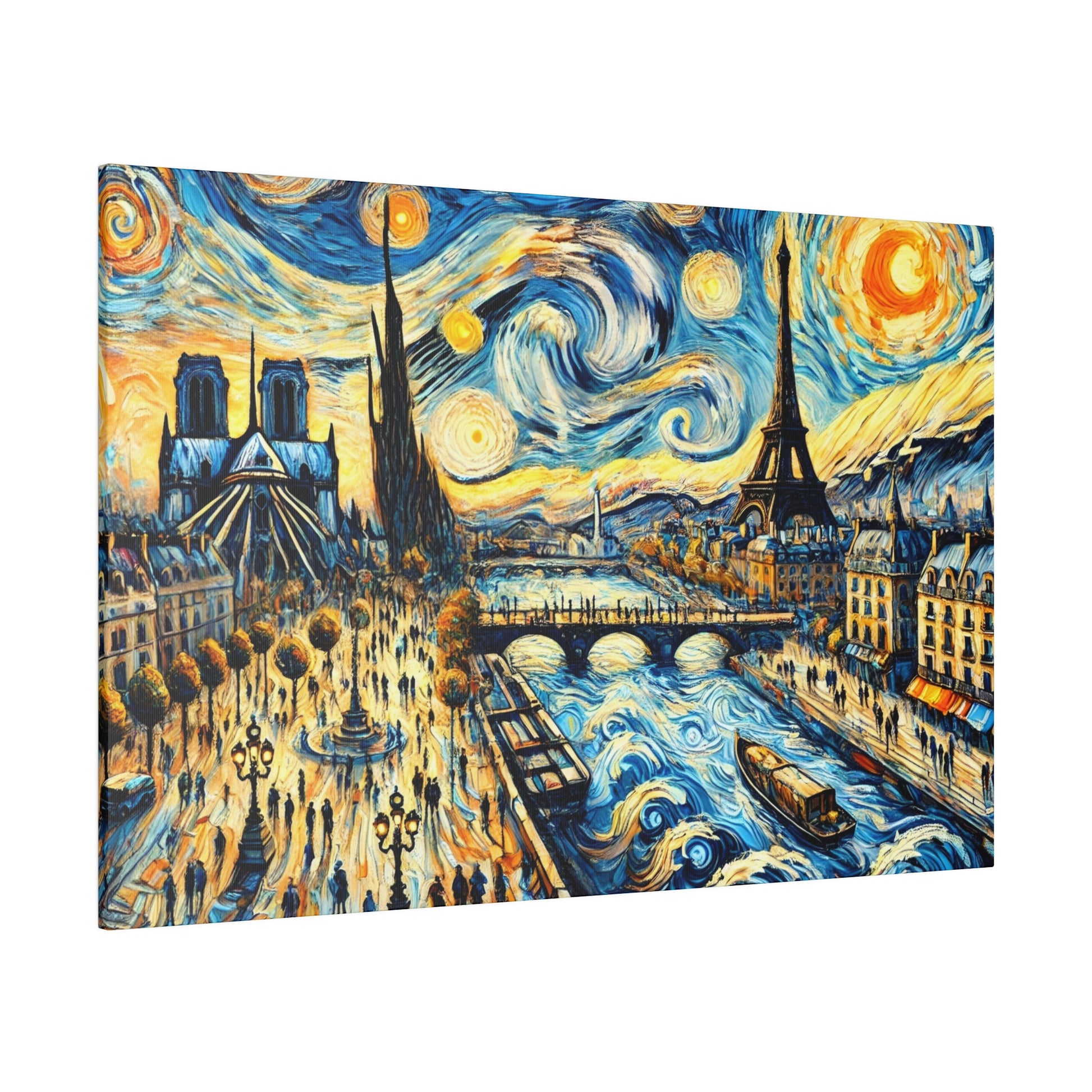 Colorful painting of a Paris riverfront with Notre-Dame, the Eiffel Tower, and a swirling night sky over the Seine.