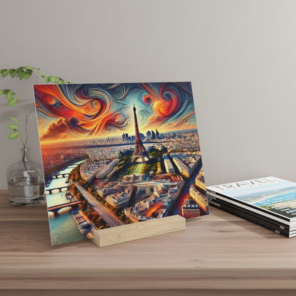 Colorful canvas print of Paris with the Eiffel Tower and swirled red, orange, blue sky, propped on a wooden display stand on a table.