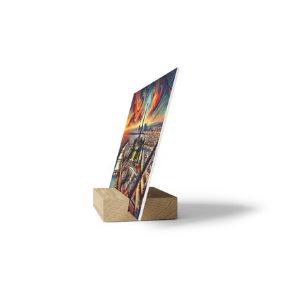 Colorful cityscape print on a light wood stand, angled upright against a white background.
