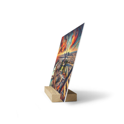 Vertical angled printed poster on a wooden stand showing a colorful, swirling cityscape with orange and blue tones.