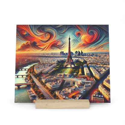 Vibrant, surreal Paris cityscape with the Eiffel Tower in the center and a swirling orange and blue sky.