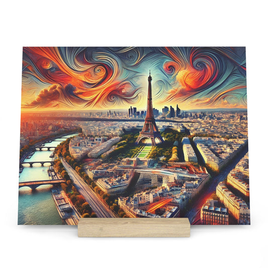 Vibrant, surreal cityscape of Paris with the Eiffel Tower, river, and swirling orange-blue sky above.