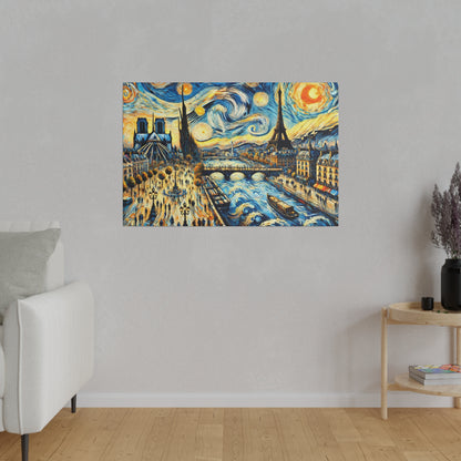 Colorful framed painting of a Paris cityscape with the Eiffel Tower, river, boats, and swirling sky.