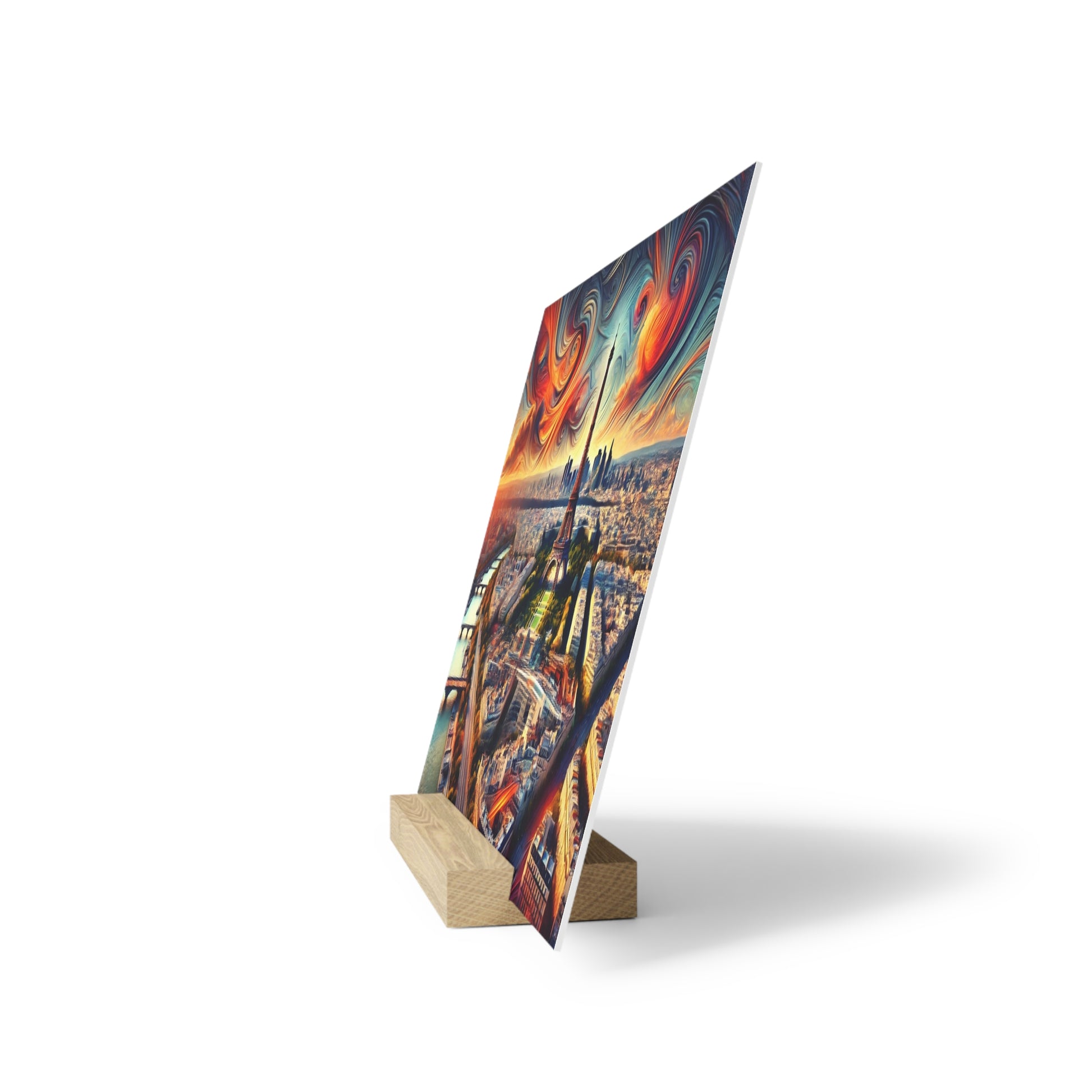 Diagonal print on a wooden stand features a colorful cityscape with swirling orange and blue sky patterns.