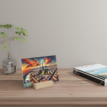 Colorful postcard of Paris resting on a wooden block on a light wood table, with a glass vase and travel magazines nearby.