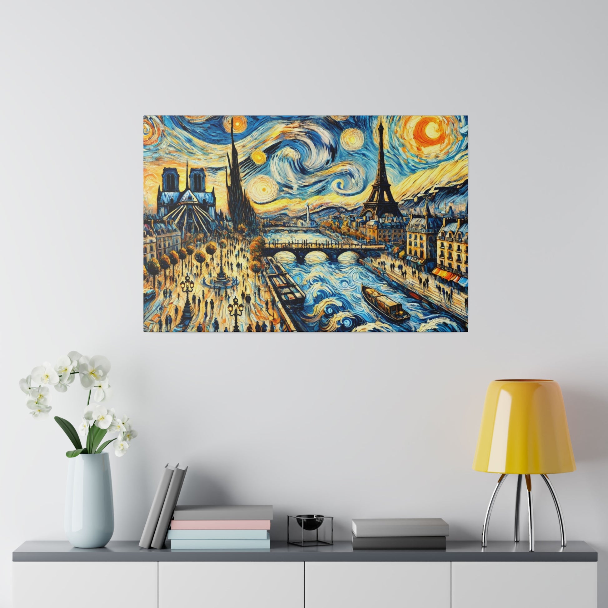 Colorful painting of Paris skyline with the Eiffel Tower, river Seine, and bridge, featuring swirling blue and yellow sky.