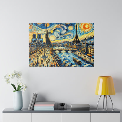 Colorful painting of Paris skyline with the Eiffel Tower, river Seine, and bridge, featuring swirling blue and yellow sky.