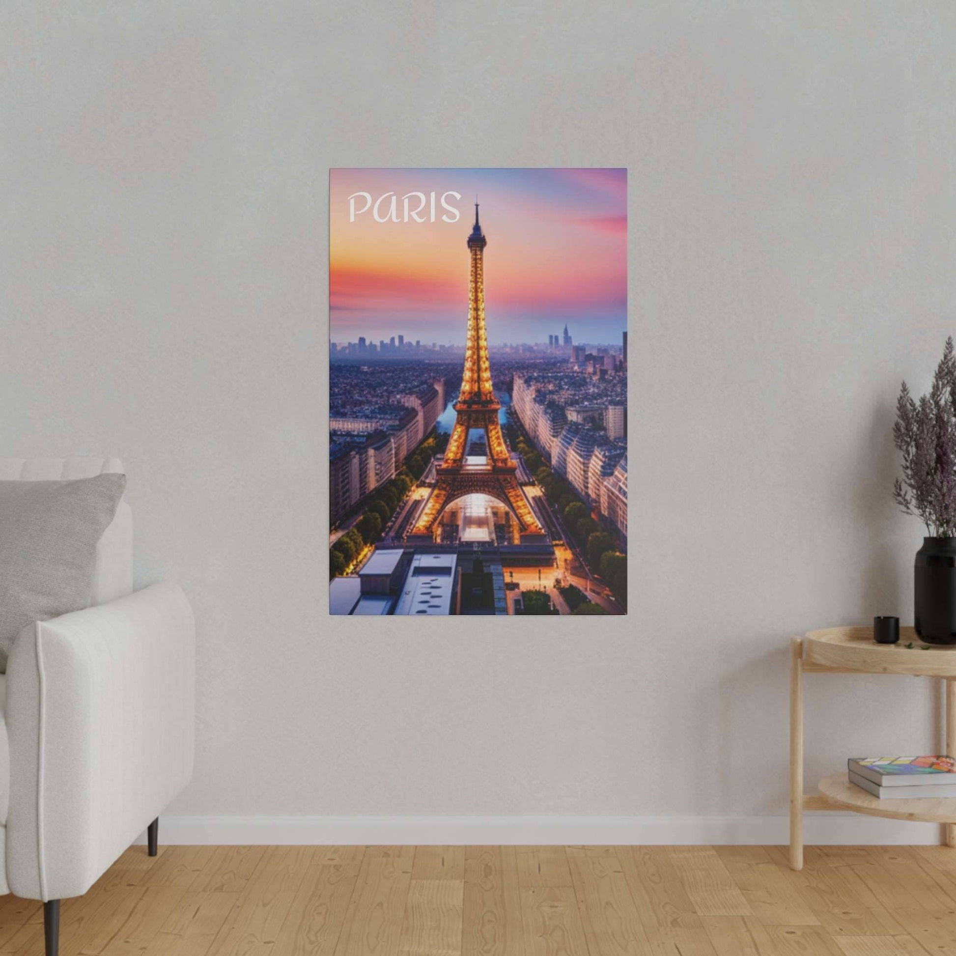 Vertical print of the Eiffel Tower lit at sunset with Paris in the background and the word PARIS at the top.