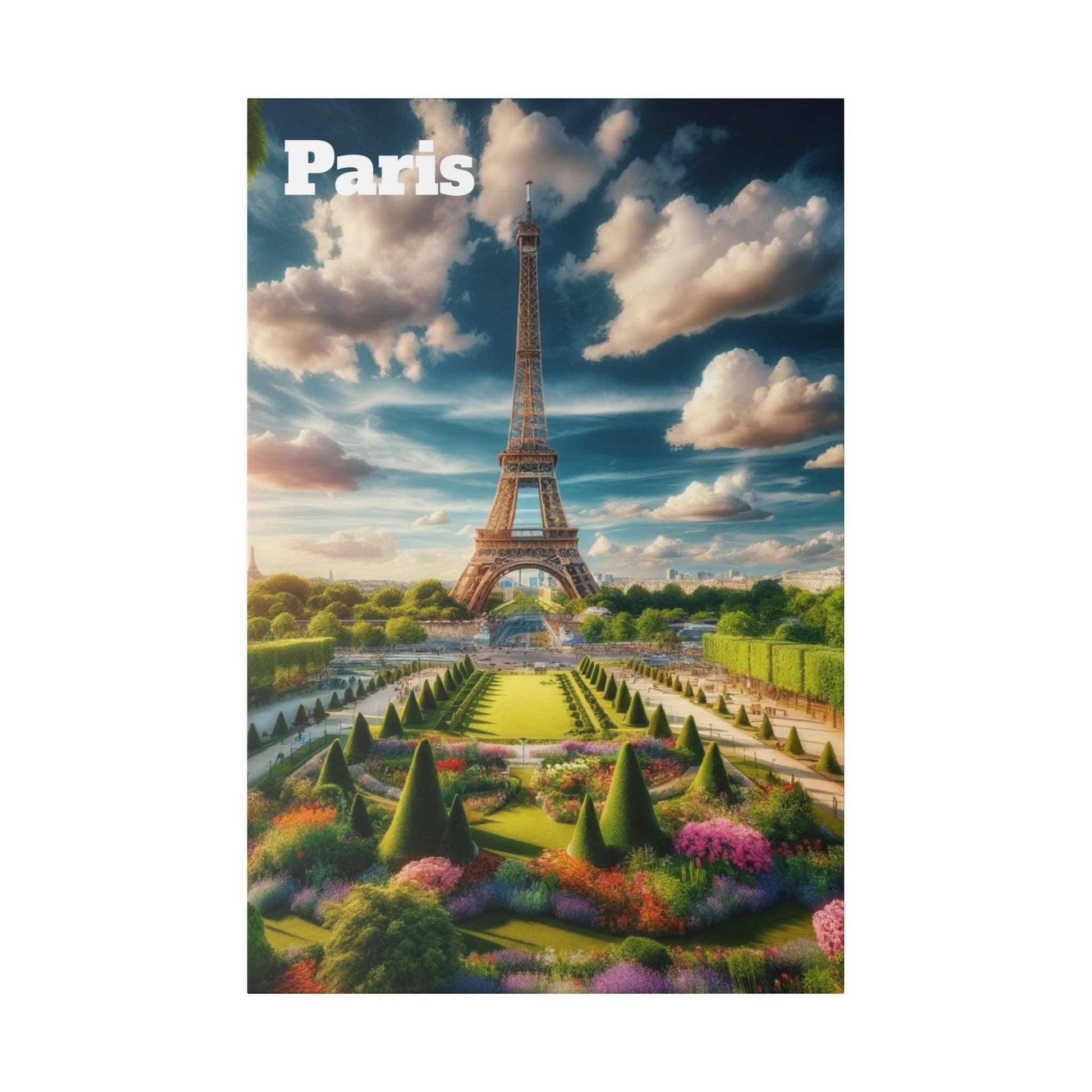 Canvas print of the Eiffel Tower in Paris, with formal garden beds, colorful flowers, and a blue cloudy sky.
