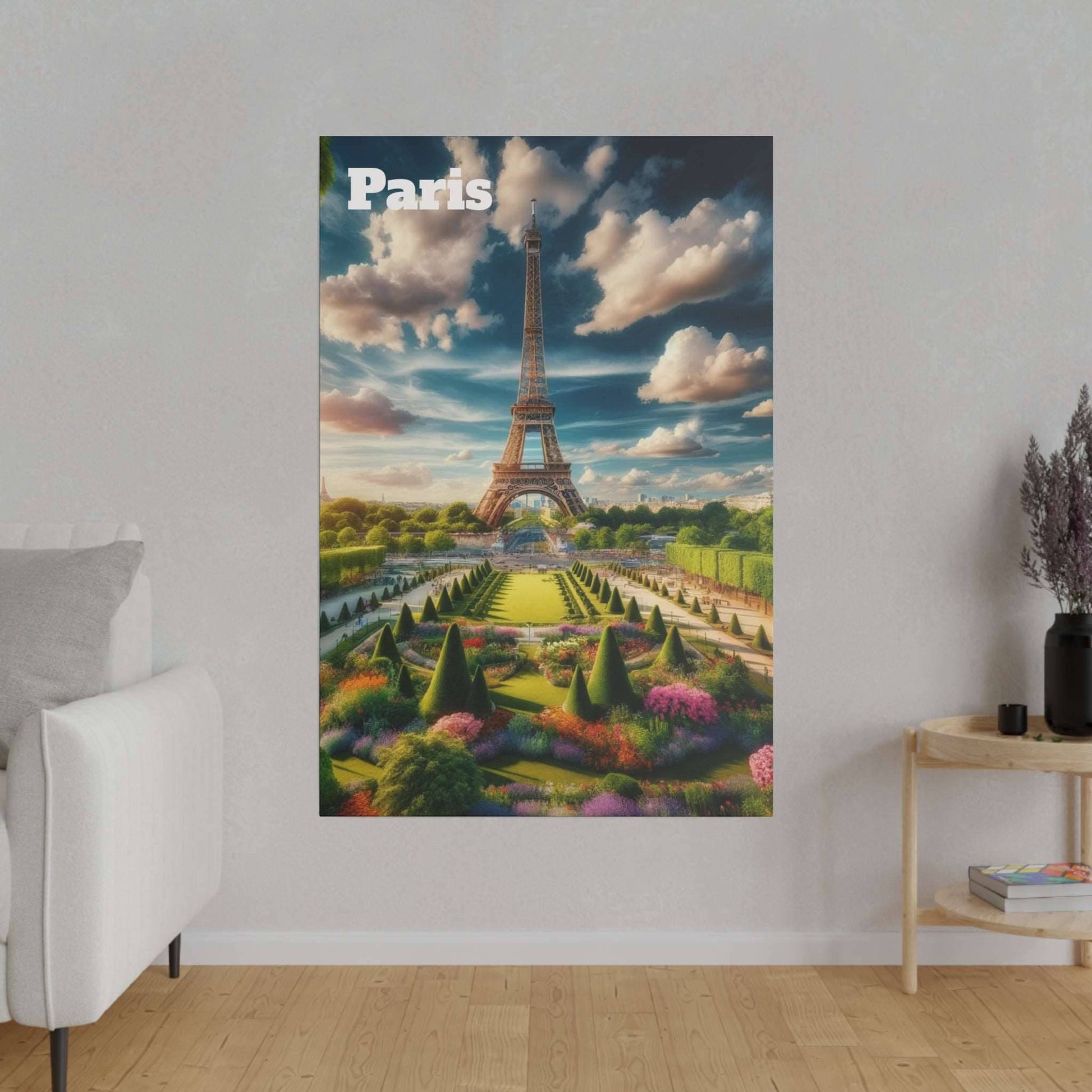Vertical poster featuring the Eiffel Tower framed by manicured Paris gardens beneath a cloudy sky.
