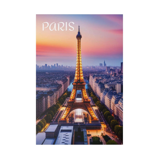 Eiffel Tower lit in golden lights rises over Paris at sunset, with a colorful sky and city streets below.
