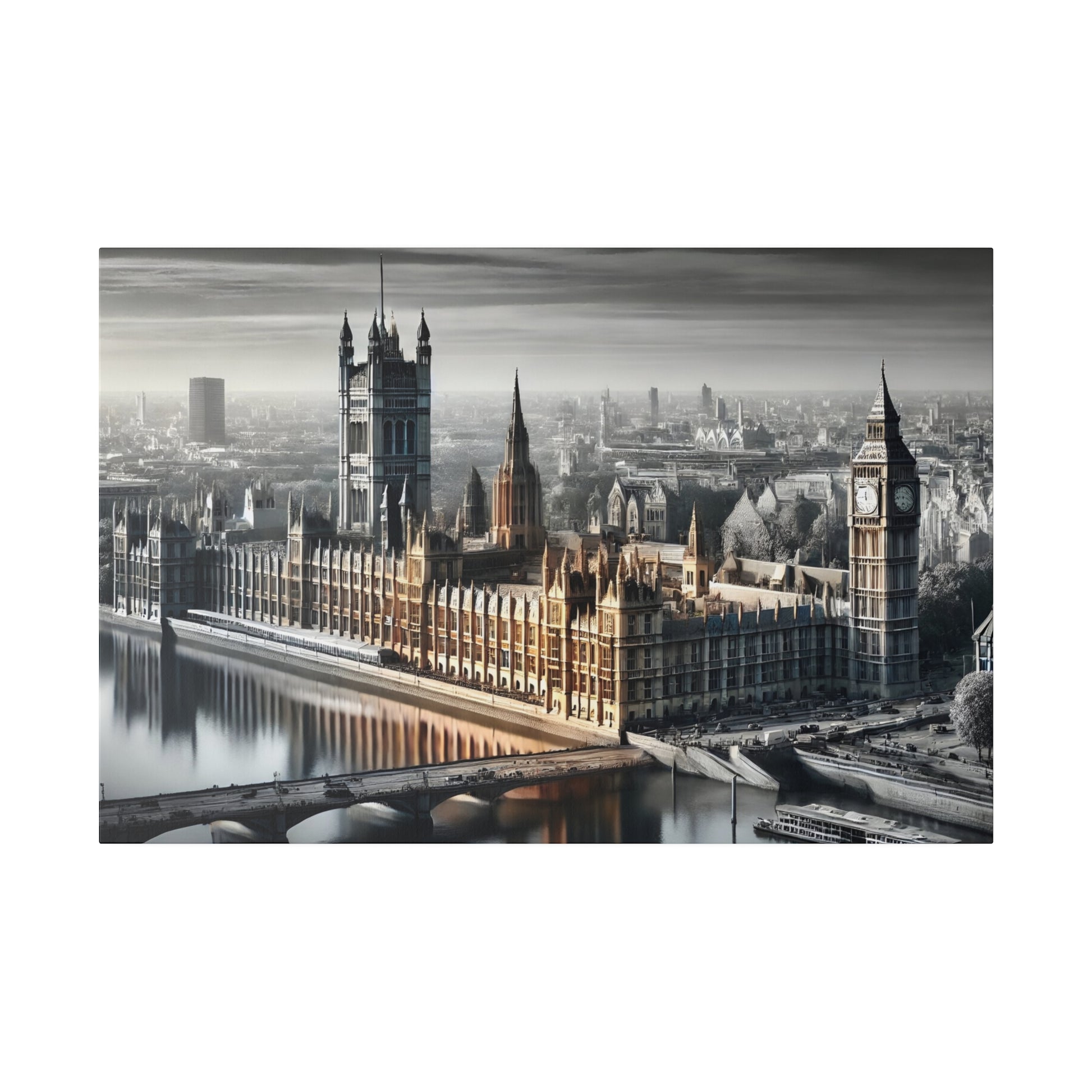 Panoramic view of London's Westminster with the Houses of Parliament and Big Ben beside the Thames.
