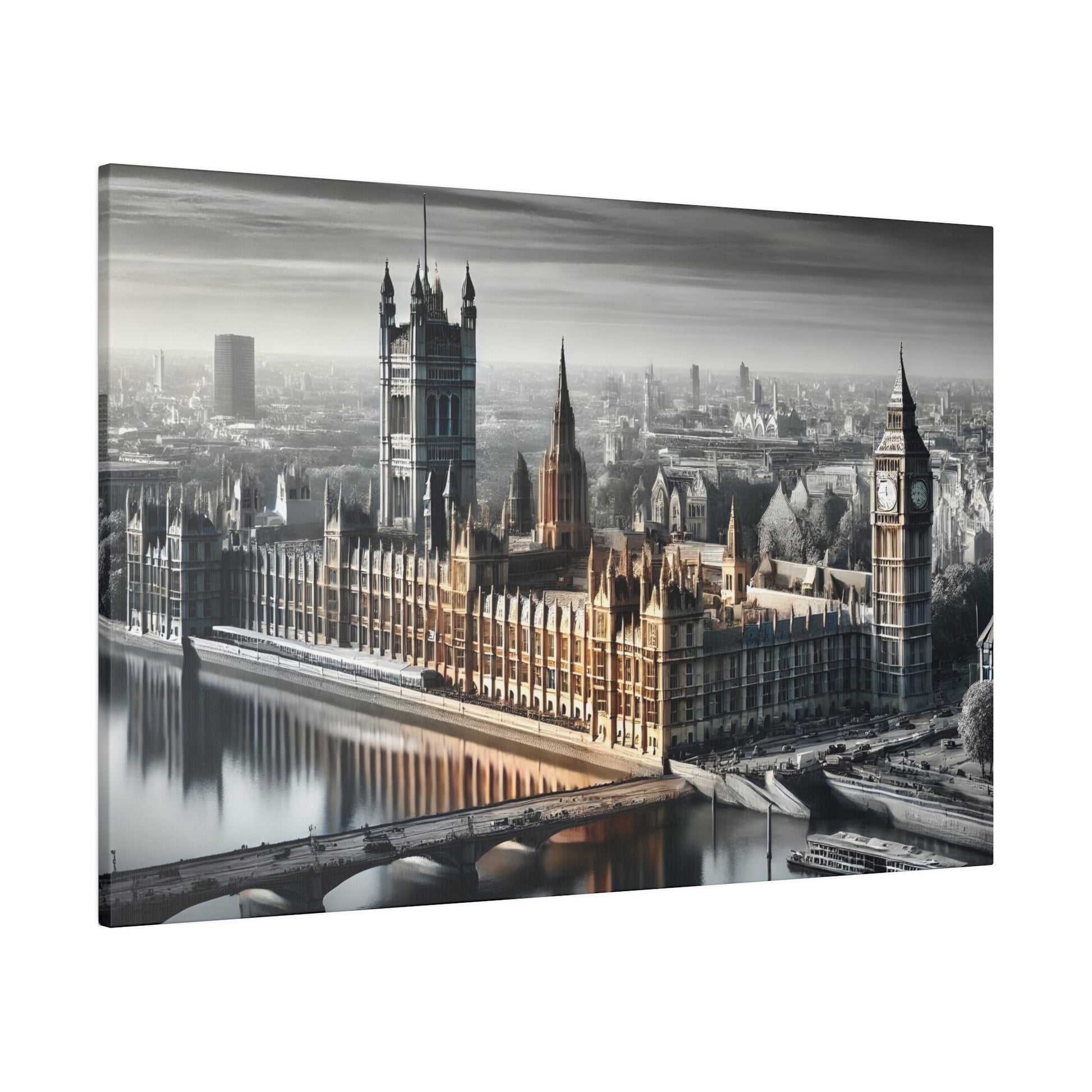 Canvas wall art depicting the Houses of Parliament and Big Ben along the Thames, in black-and-sepia tones.