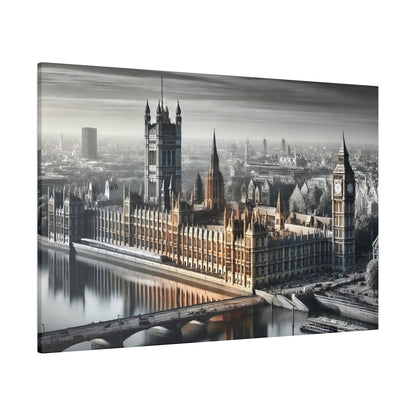 Canvas wall art depicting the Houses of Parliament and Big Ben along the Thames, in black-and-sepia tones.