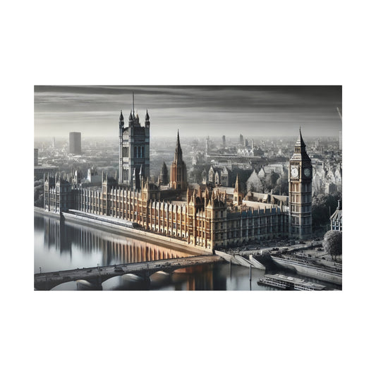 Panoramic view of the Palace of Westminster with Big Ben along the Thames, in black‑and‑white with warm sepia tones.
