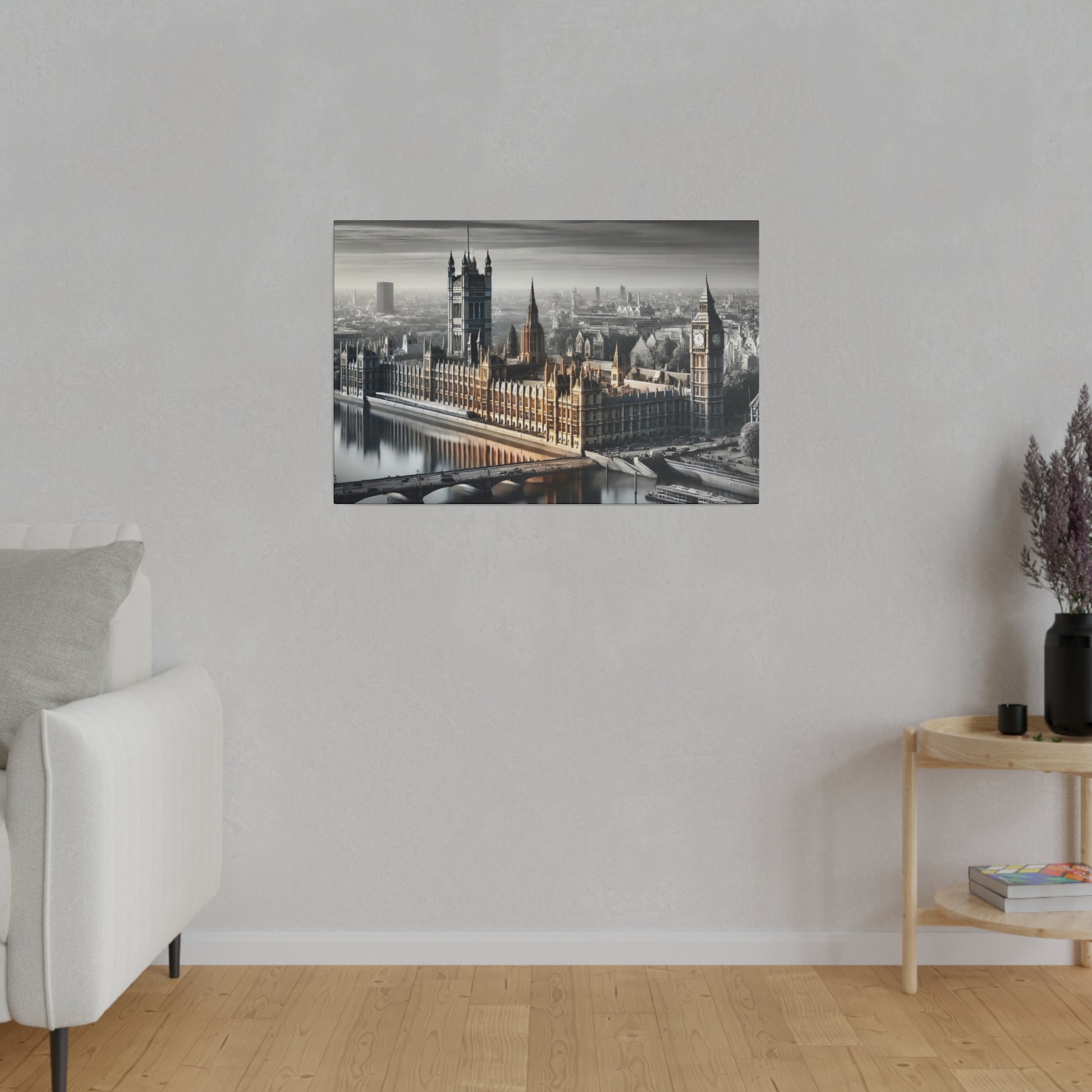 Framed photo of the Palace of Westminster and Big Ben along the Thames, with subtle warm tones in an otherwise black-and-white scene.