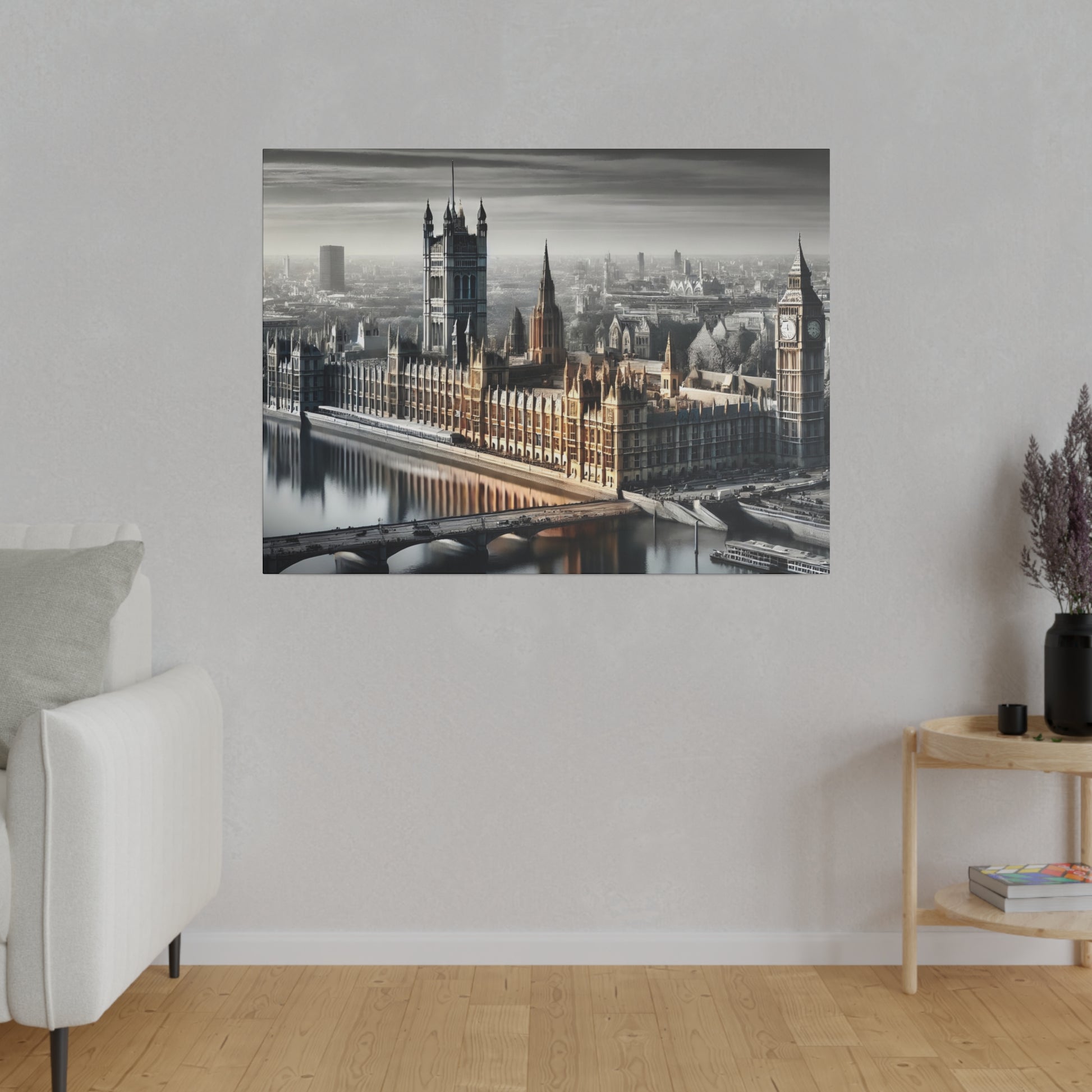 Square wall art depicting a panoramic view of London with the Houses of Parliament and Big Ben beside the River Thames.
