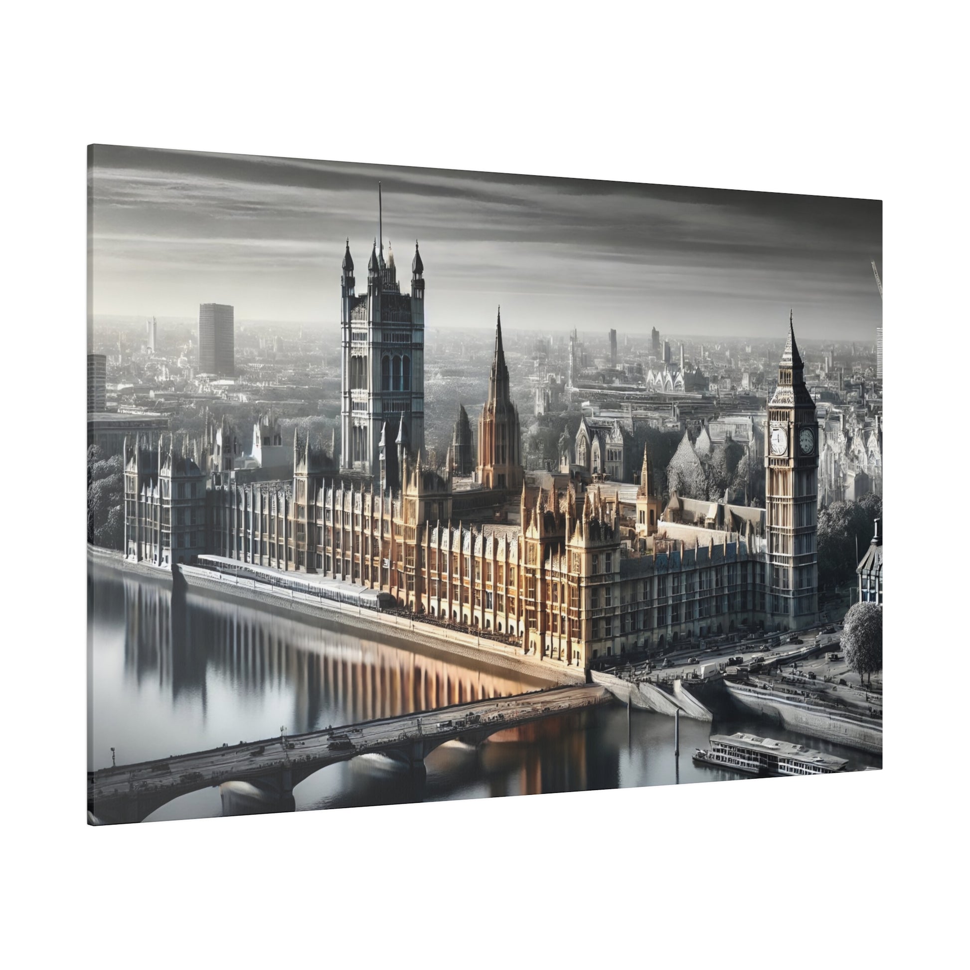 Panoramic wall art of London's Westminster Parliament and Big Ben along the Thames, with muted color tones.