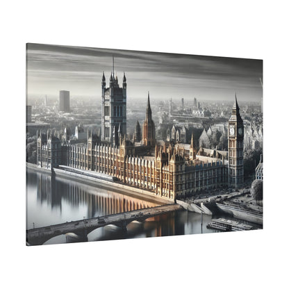 Panoramic wall art of London's Westminster Parliament and Big Ben along the Thames, with muted color tones.