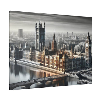 Panoramic view of the Houses of Parliament and Big Ben along the River Thames in London, with a predominantly grayscale cityscape.