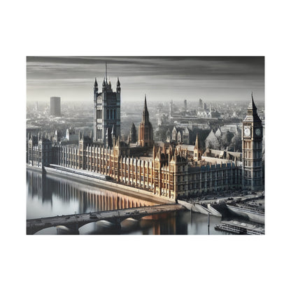 Panoramic view of the Houses of Parliament and Big Ben along the Thames, with a bridge in the foreground.