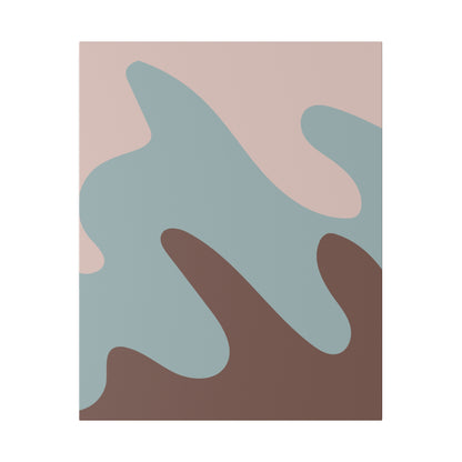 Abstract pastel canvas with soft pink background and blue and brown organic shapes.