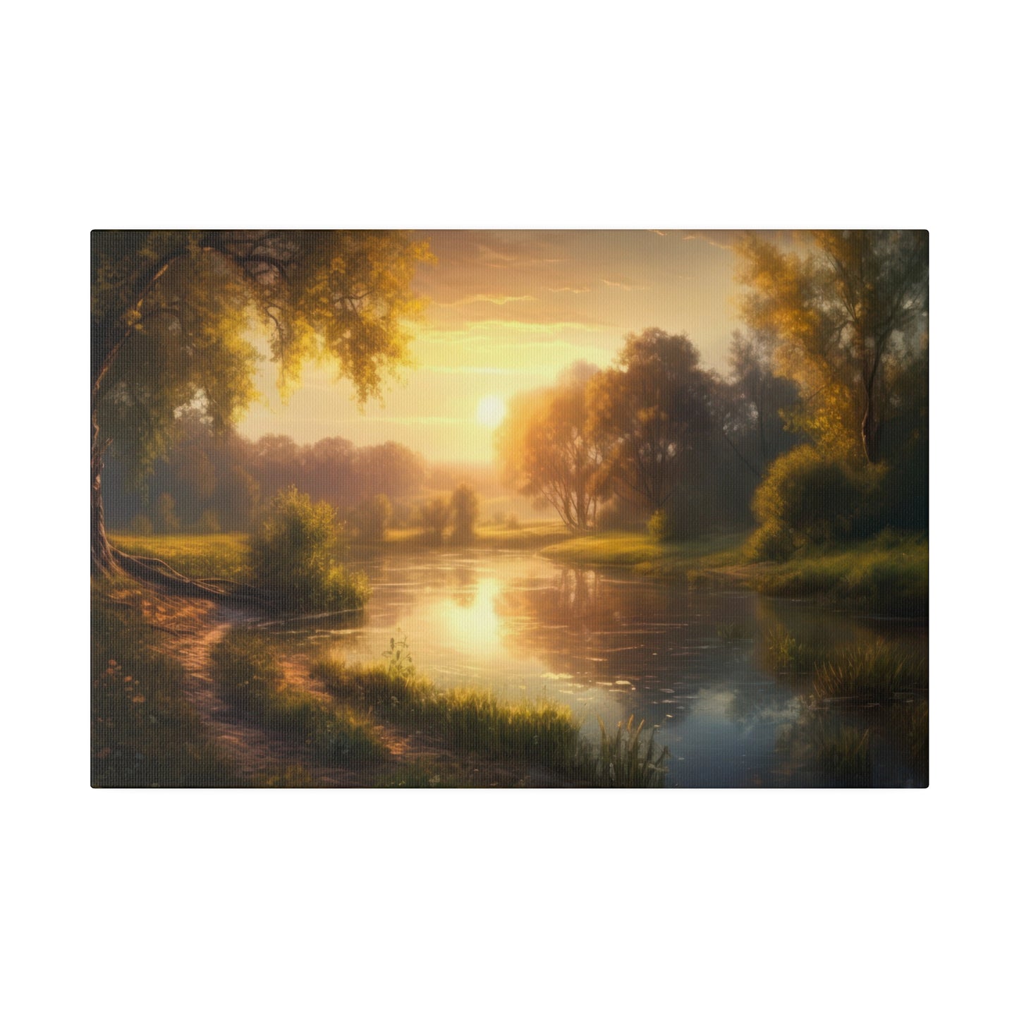 A peaceful dusk river view featuring warm sunset reflections on the water. Flanked by lush greenery, the scene exudes a serene atmosphere that invites calm and tranquility as the day ends.