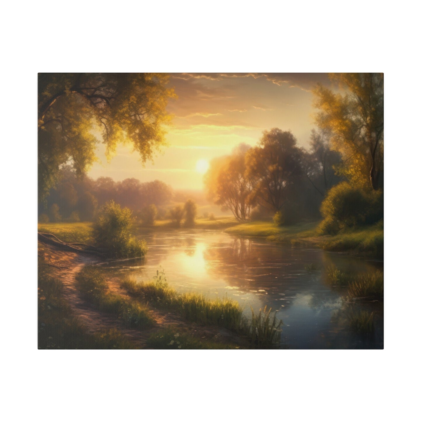 A serene sunset with golden light reflecting on a river, surrounded by lush greenery. The warm glow creates a peaceful and tranquil setting.