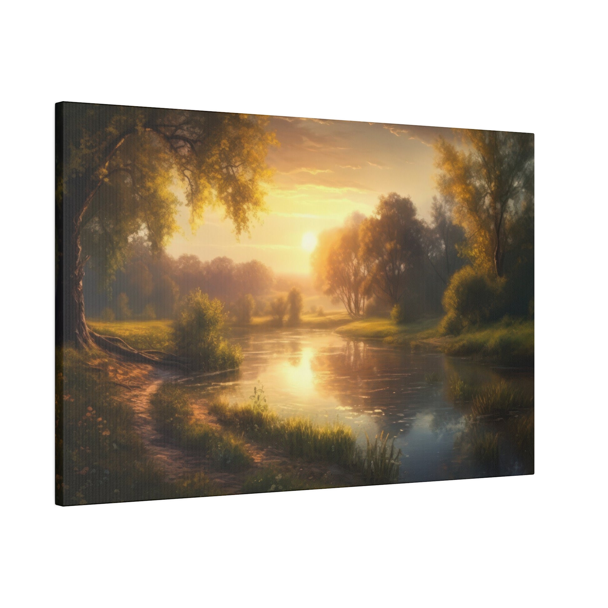 A peaceful river scene in the evening with golden sunset reflections, lush trees, and a calm landscape. The setting sun bathes the scene in warm, tranquil light.