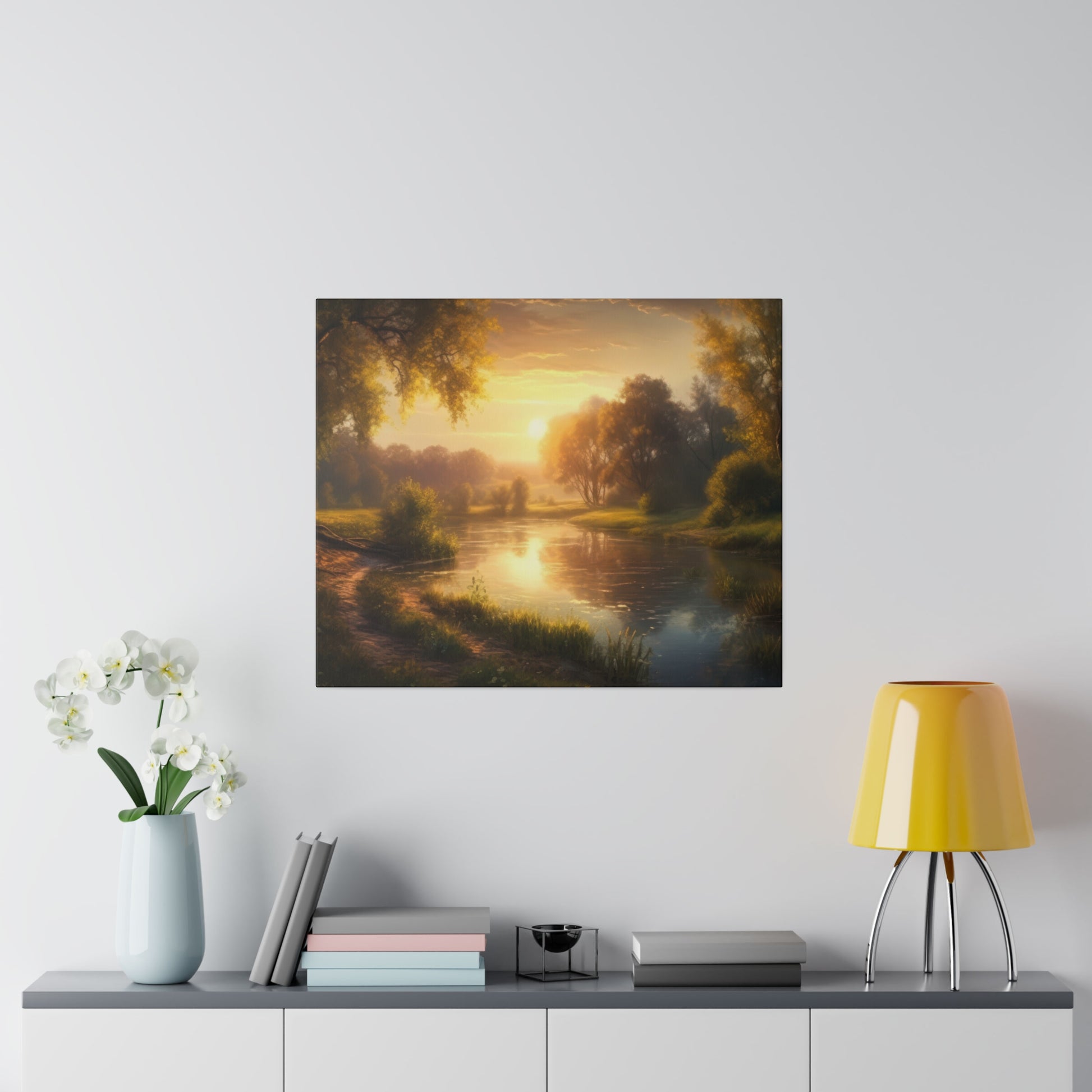 A peaceful sunset landscape featuring a river with golden reflections, lush trees, and a calm ambiance. The setting sun bathes the scene in warm, tranquil light.