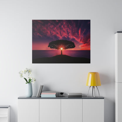 Silhouette of a lone tree on a hill by the water at sunset, with red and purple clouds.