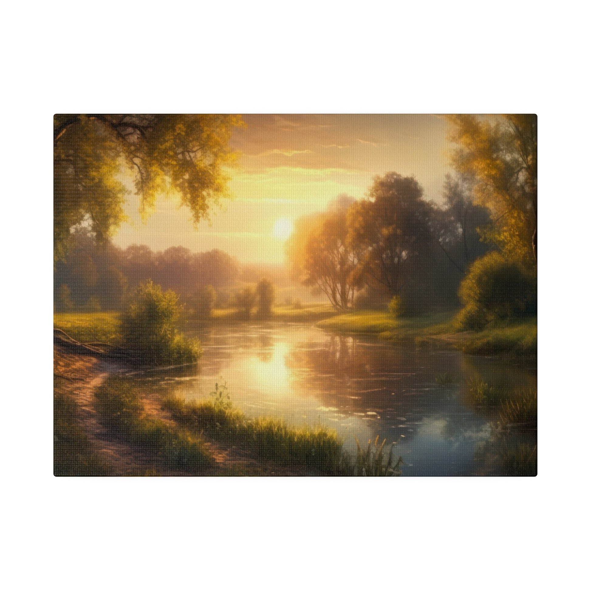 A peaceful sunset water scene with golden light reflecting on the river, surrounded by lush trees. The calm landscape provides a serene and tranquil environment perfect for a quiet and reflective evening.