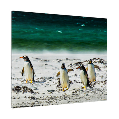 Four penguins with black and white bodies and orange beaks stand on a sandy beach as turquoise-green ocean waves roll in.