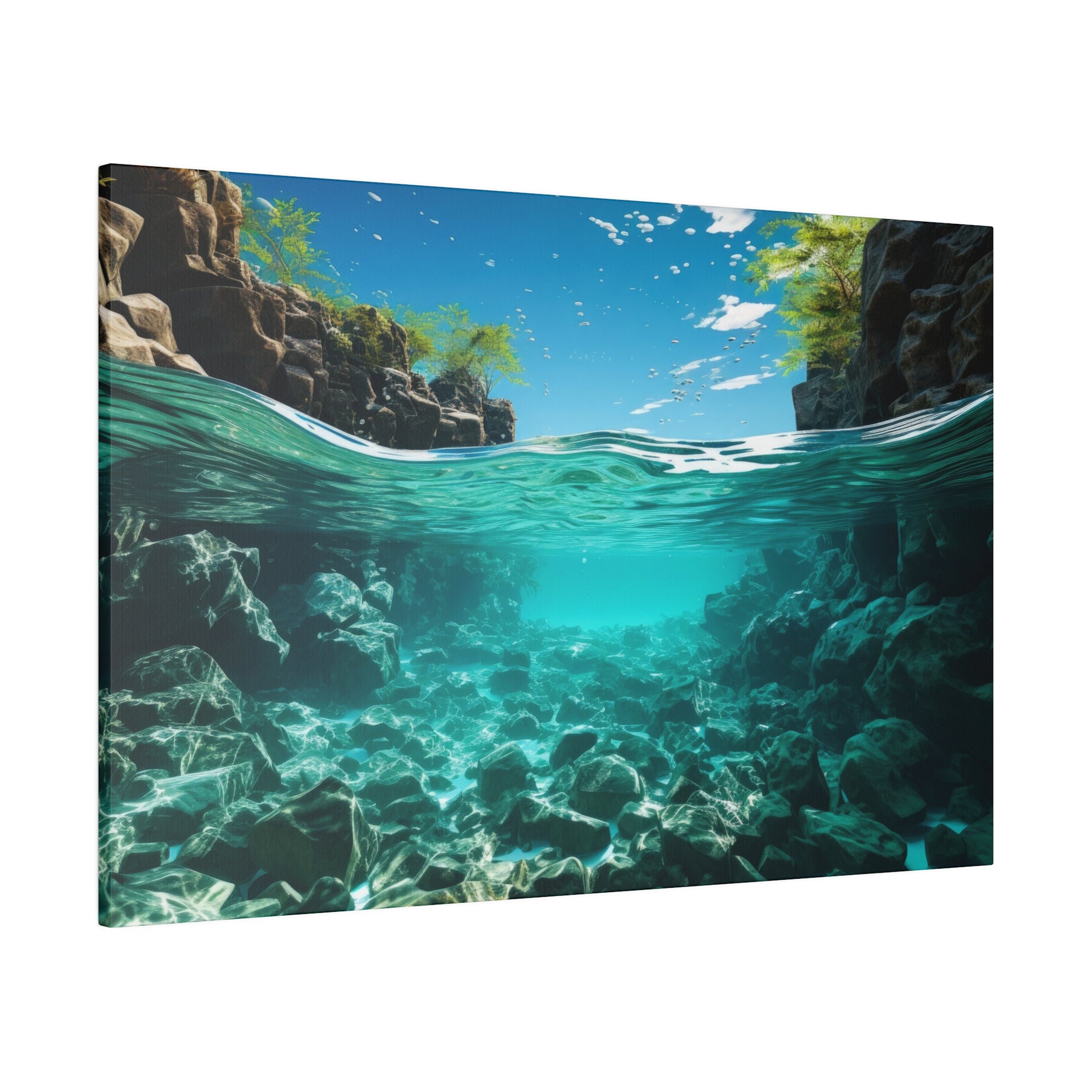 A pristine turquoise water scene with clear water, showcasing the rocky riverbed and lush greenery. The clarity of the water is stunning and peaceful.