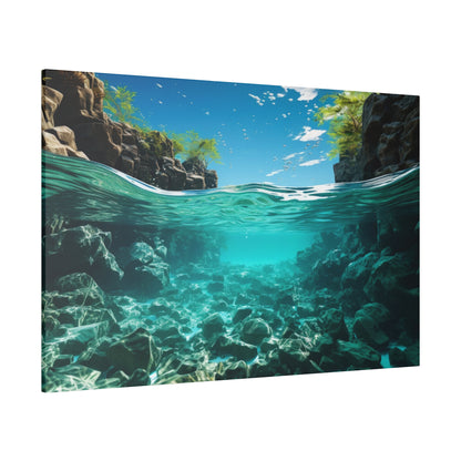 Underwater view of turquoise water and rocky seabed between cliffs, with sunlight filtering through.