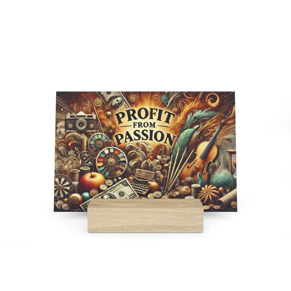 Colorful collage poster titled 'Profit From Passion' featuring money, coins, violin, camera, and other objects; placed on a wooden block.