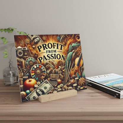 A large poster titled "Profit From Passion" with a fiery collage of money, coins, and instruments, propped on a wooden stand beside a