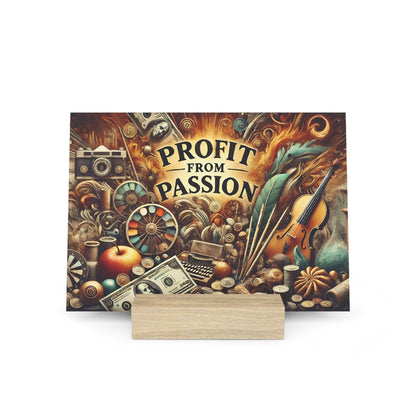 Poster with a busy collage reading “Profit from Passion,” surrounded by money, instruments, and autumnal objects, propped on a light