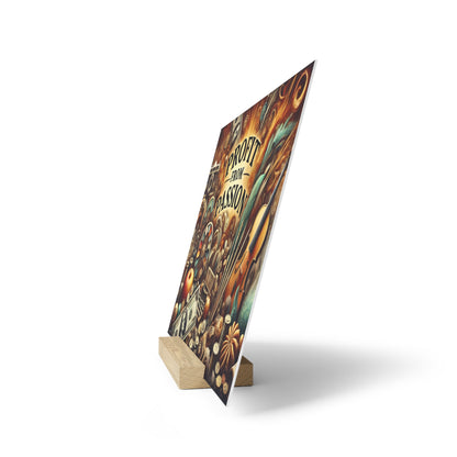 Colorful poster on a wooden stand, tilted upright, showing the words "PROFIT FROM PASSION.