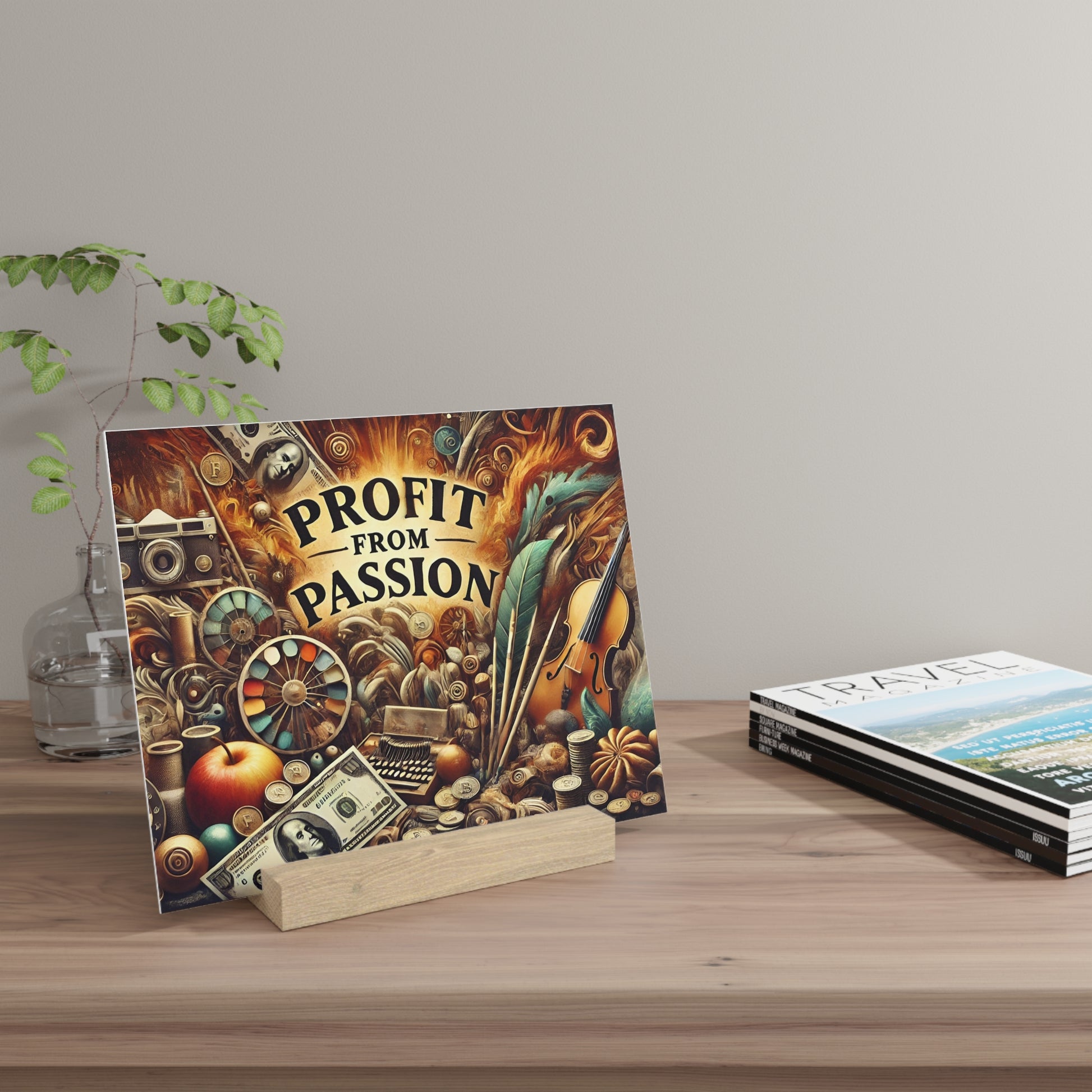 Colorful poster reading "PROFIT FROM PASSION" sits on a wooden stand beside a glass vase and travel magazines on a light wood desk.
