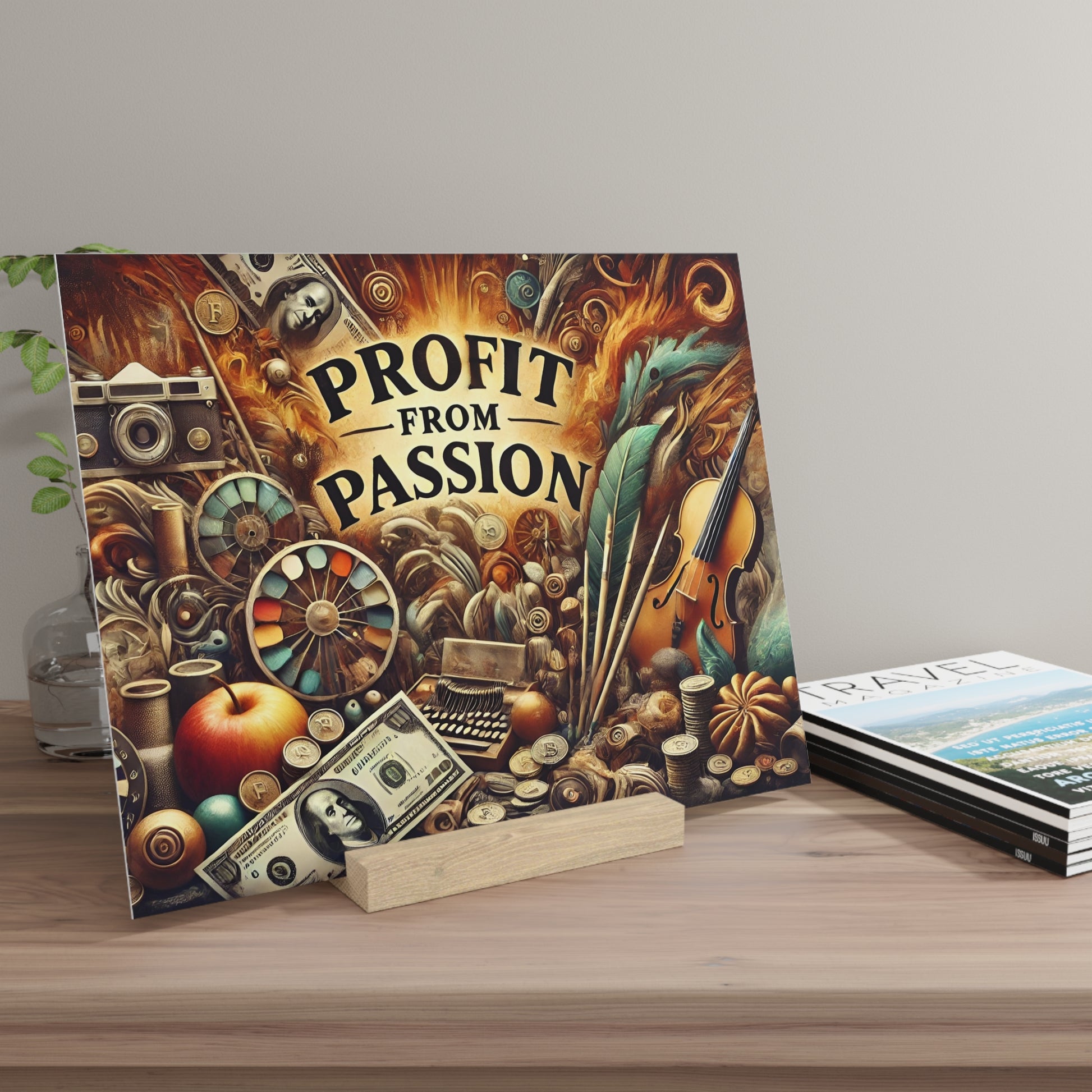 Colorful poster with the words PROFIT FROM PASSION and a collage of coins, money, a violin, and vintage objects.