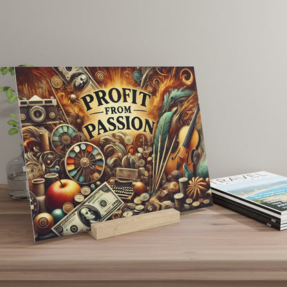 Colorful poster with the words PROFIT FROM PASSION and a collage of coins, money, a violin, and vintage objects.
